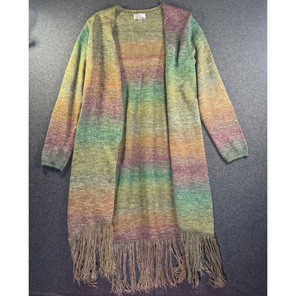 Christopher & Banks (L) Space Dye Fringe Open Front Duster Cardigan Sweater